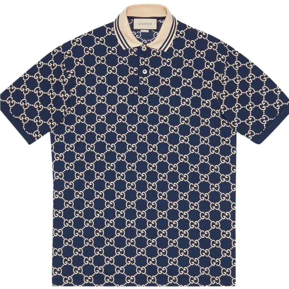 Gucci Navy GG Monogram Polo with Cream Contrast Collar